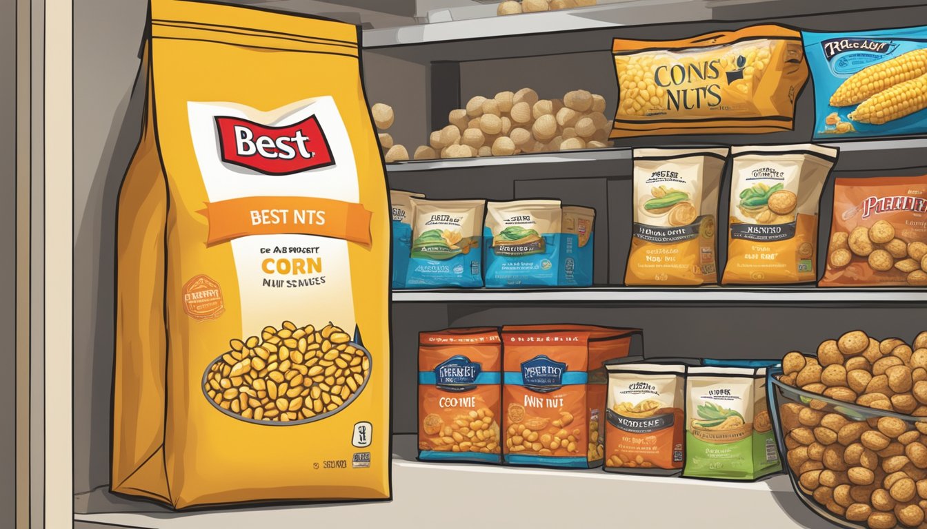 A sealed bag of Corn Nuts sits on a shelf next to a "best by" date. A pantry with other snacks and food items is in the background