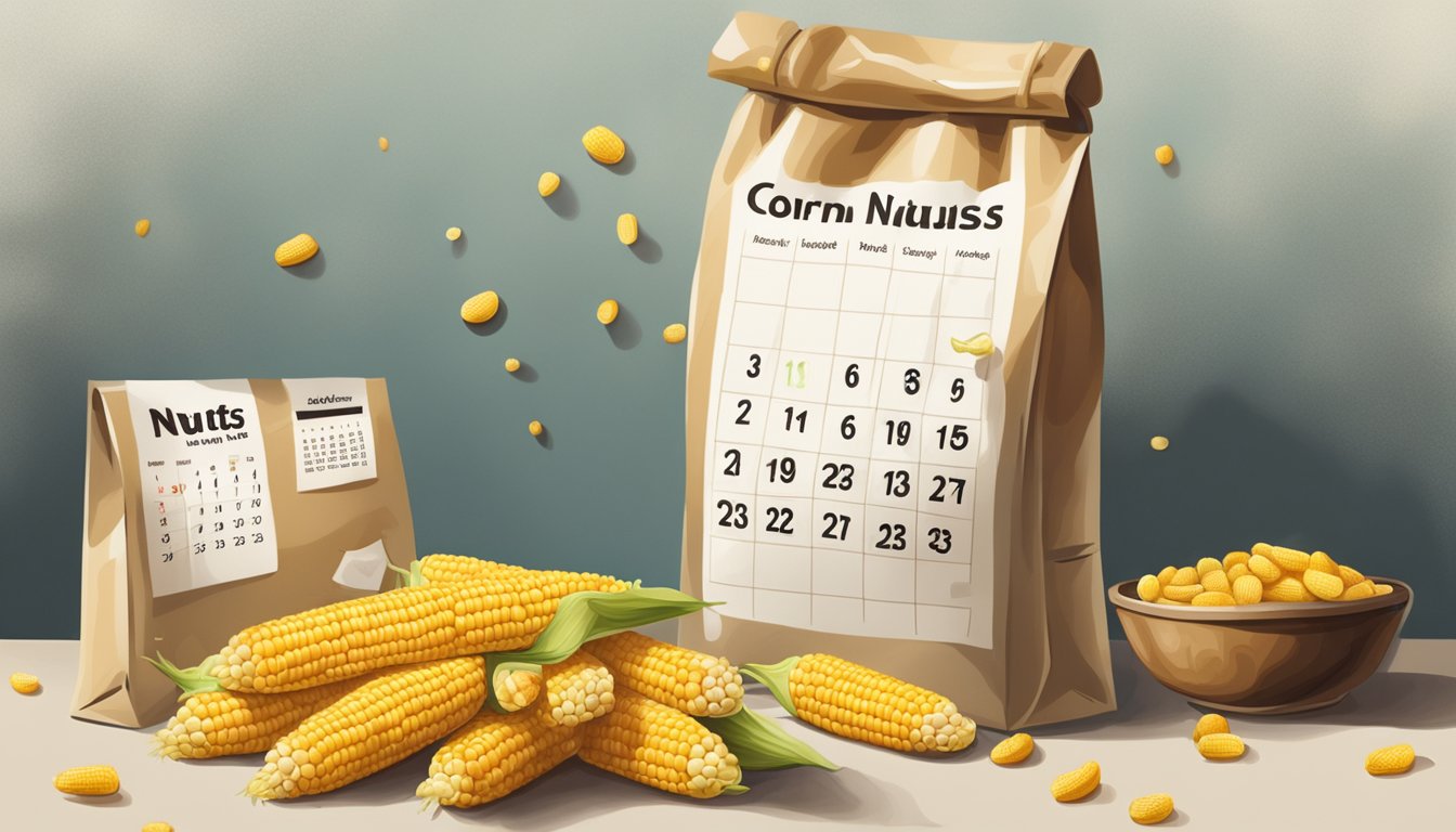 A bag of Corn Nuts sits on a shelf, surrounded by a calendar showing the passage of time. The nuts inside the bag are starting to show signs of spoilage, with a few pieces looking discolored and moldy