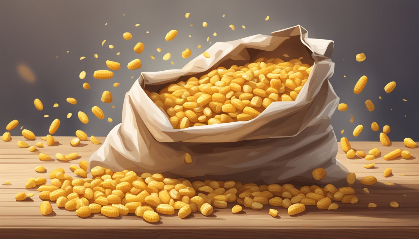 A pile of Corn Nuts spilling out of a torn open bag, with a few scattered on a wooden table, some appearing fresher than others