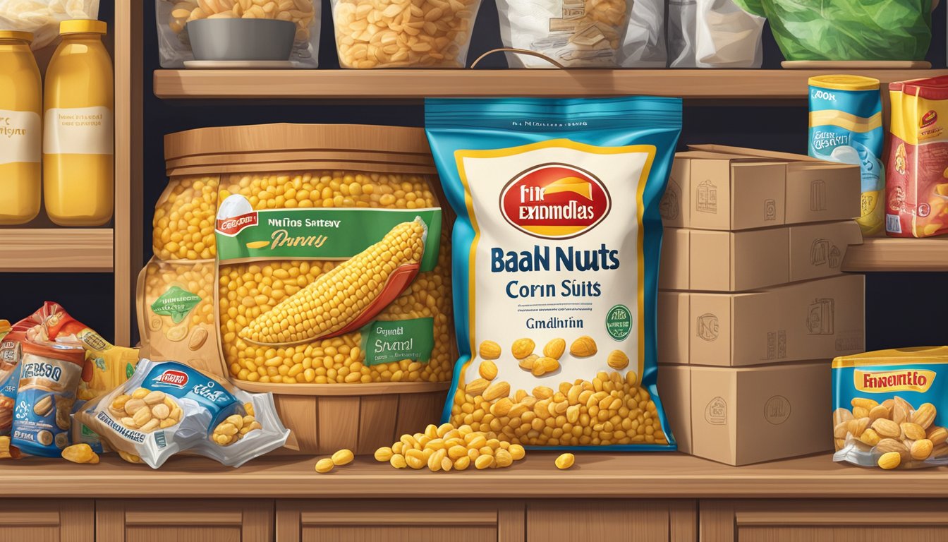 A bag of Corn Nuts sits on a pantry shelf, surrounded by other snacks and food items. The expiration date on the package is clearly visible