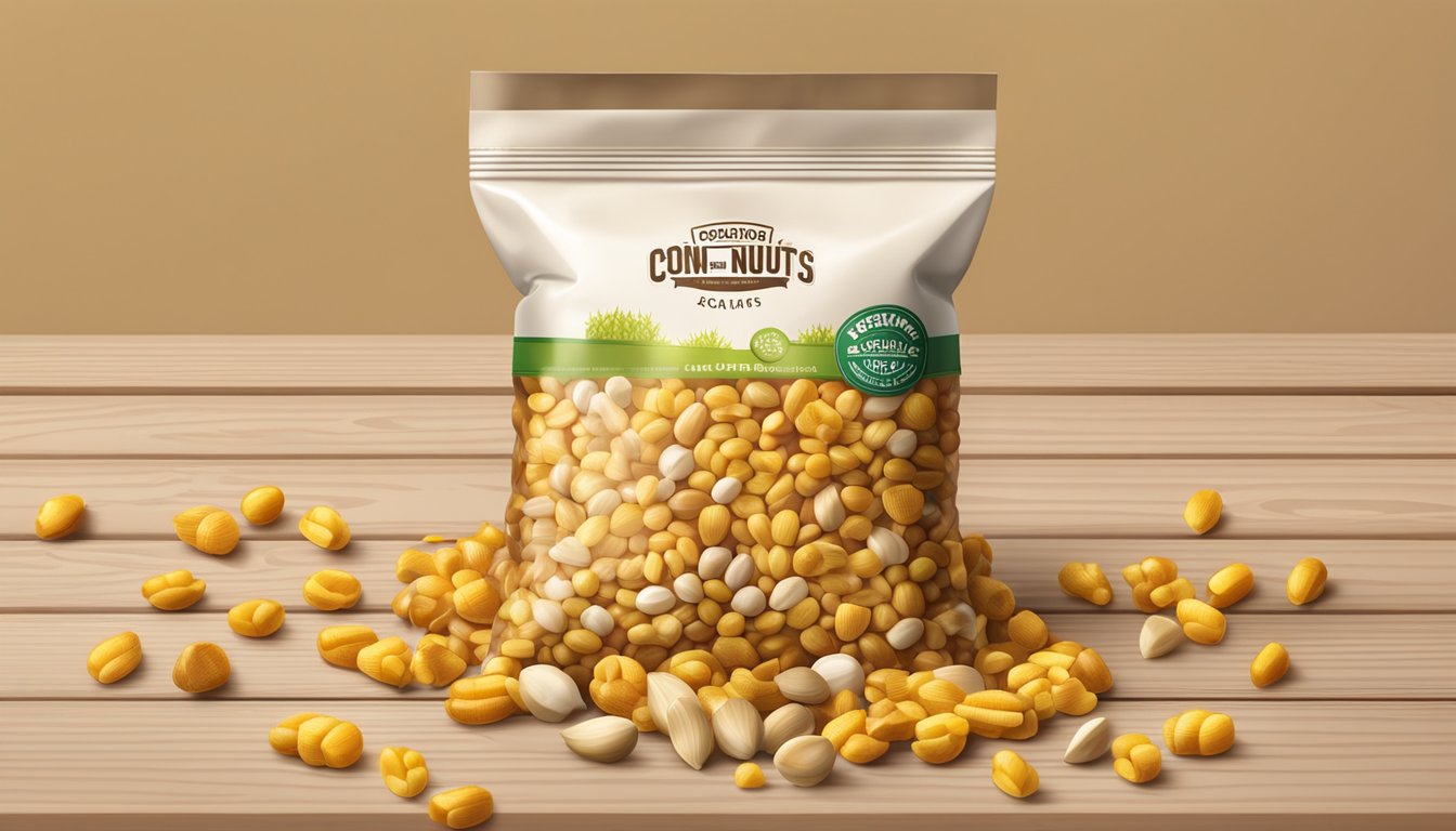 A bag of Corn Nuts sits on a wooden table, surrounded by various nuts and seeds. The packaging is open, revealing the crunchy, golden snacks inside