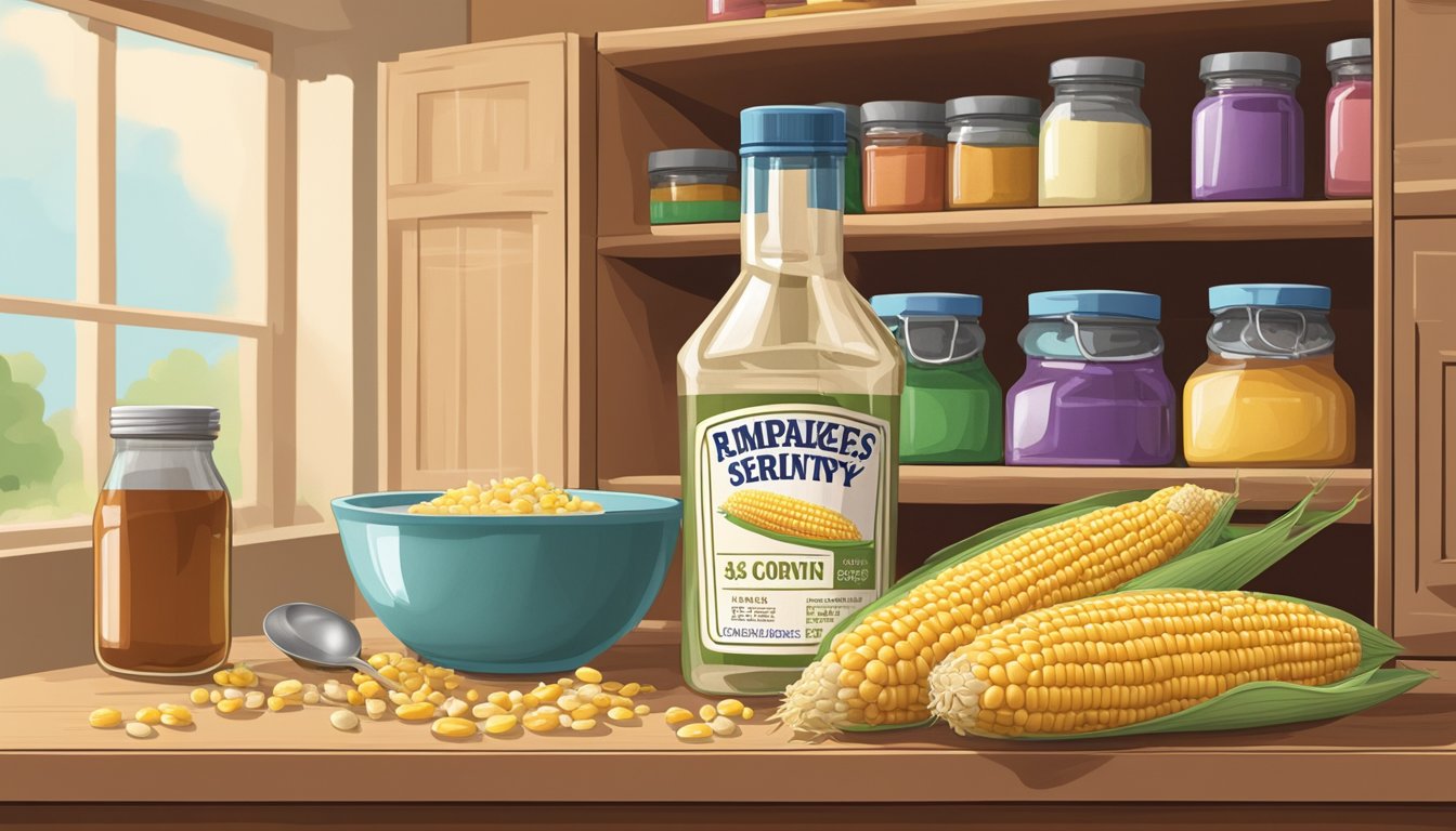 A glass bottle of corn syrup sits on a pantry shelf, surrounded by various baking ingredients. The label shows the expiration date, and a measuring spoon rests beside it