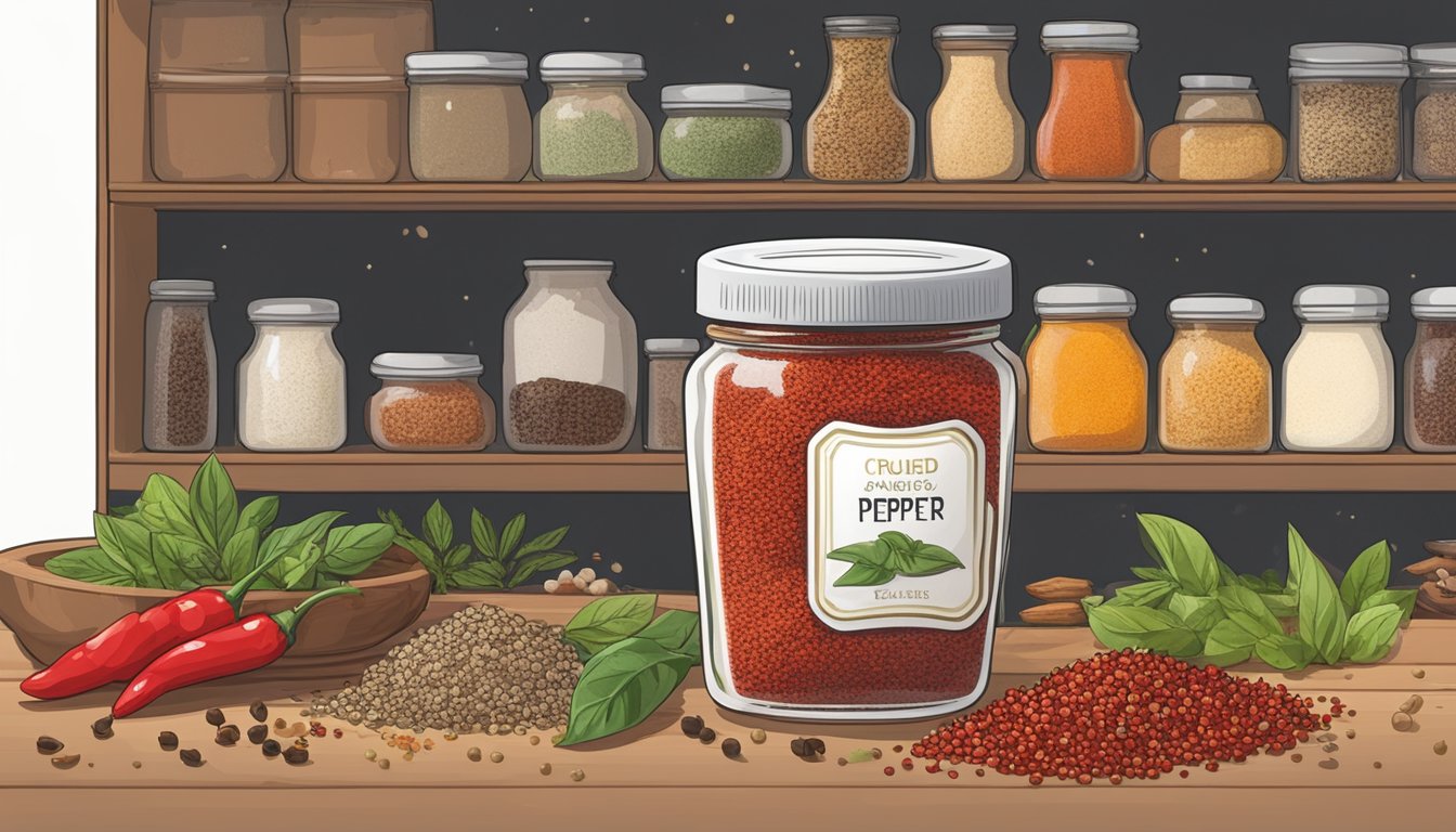 A small jar of crushed red pepper sits on a shelf, surrounded by various spices and herbs. The lid is slightly ajar, with a few flakes spilling out onto the label