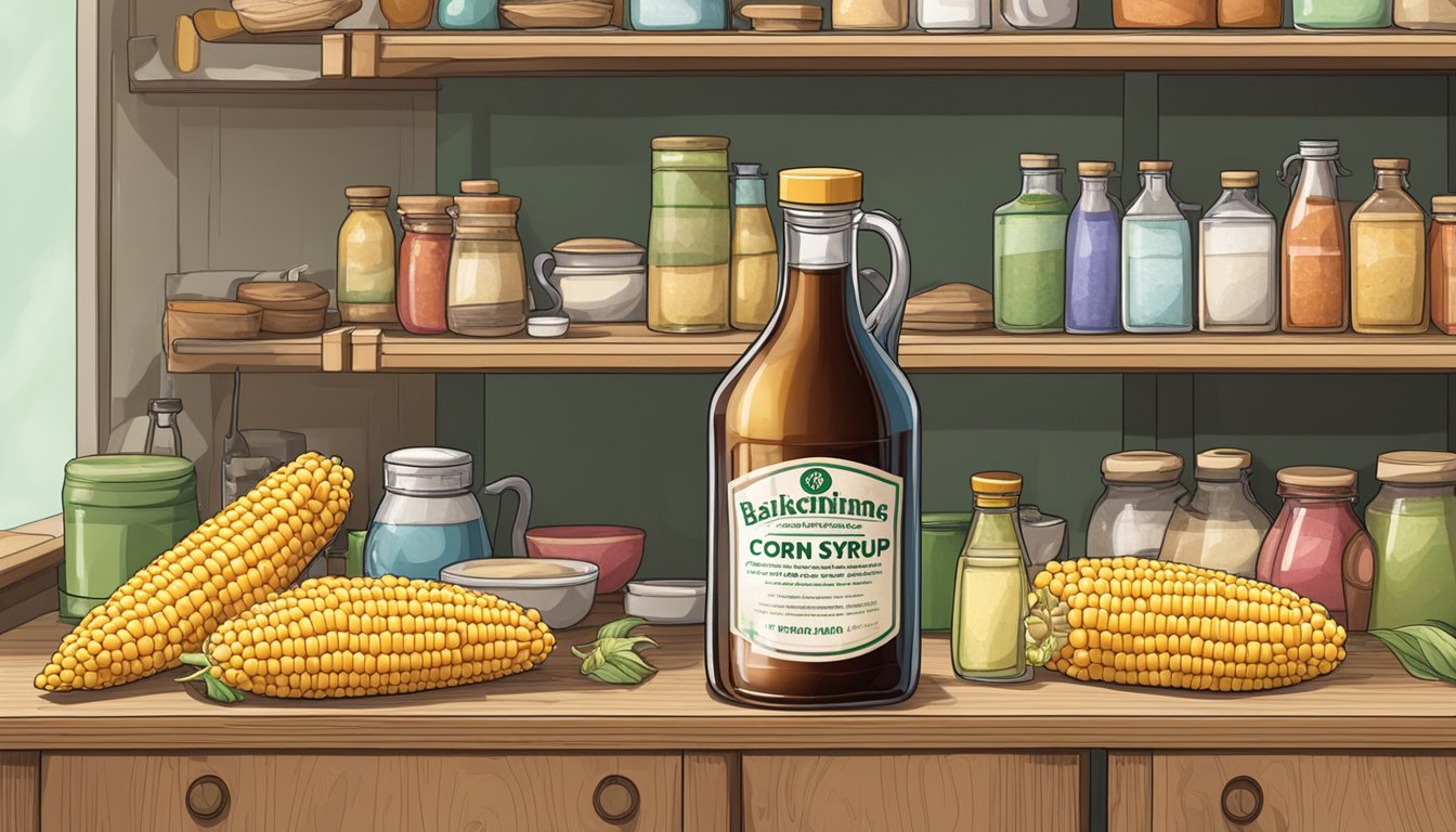 A bottle of corn syrup sits on a pantry shelf next to other baking ingredients. The label shows the expiration date