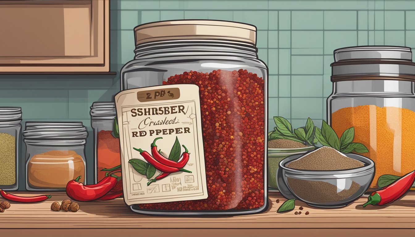 A jar of crushed red pepper sits on a kitchen shelf, surrounded by other spices and ingredients. The label indicates the expiration date