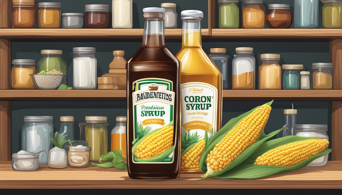 A bottle of corn syrup sits on a pantry shelf, surrounded by other cooking ingredients. The label is clean and the liquid inside is clear and viscous