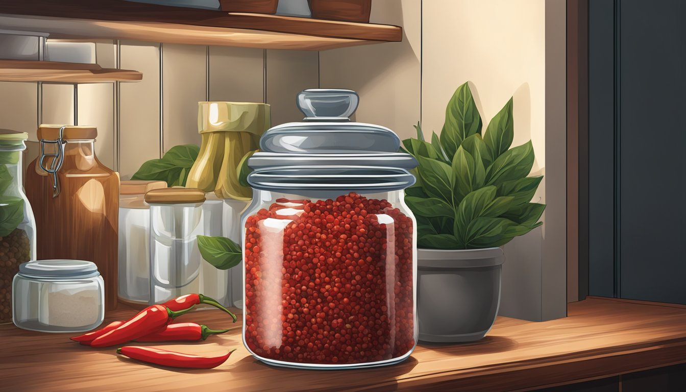 A tightly sealed jar of crushed red pepper sits in a cool, dark pantry, away from heat and moisture