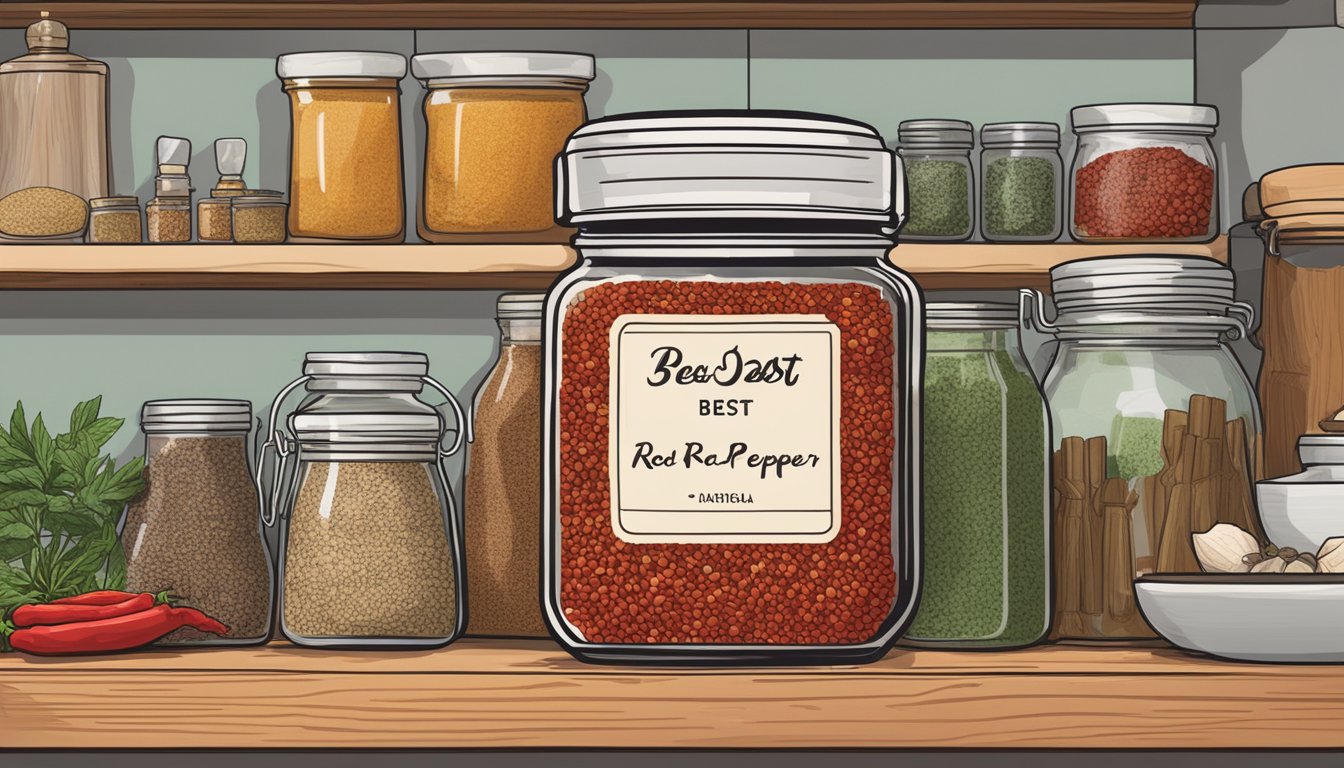 A jar of crushed red pepper sits on a kitchen shelf, surrounded by other spices and herbs. The label indicates "Best By" date