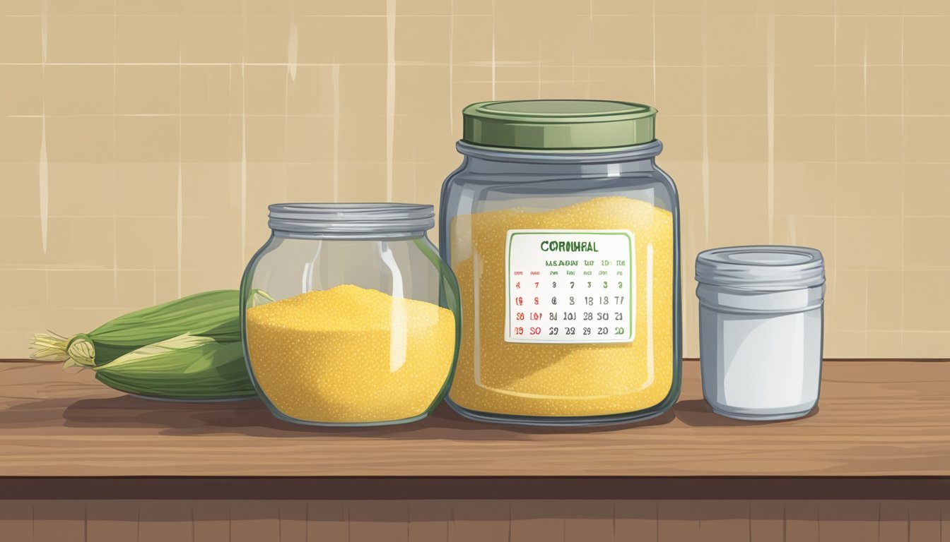 A glass jar of cornmeal sits on a kitchen shelf, next to a calendar showing the current date. The jar is sealed tightly, with no signs of spoilage