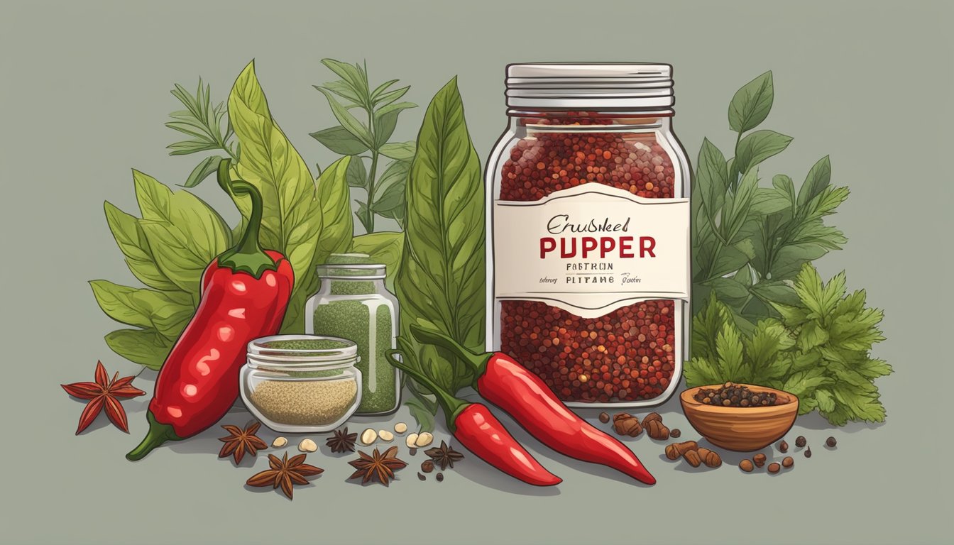 Crushed red pepper in a labeled jar on a kitchen shelf, surrounded by various spices and herbs