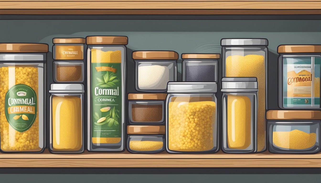 A tightly sealed container of cornmeal sits on a pantry shelf next to other dry goods