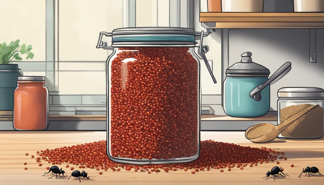 A jar of crushed red pepper sits on a kitchen shelf, surrounded by scattered grains. A trail of ants leads towards the jar