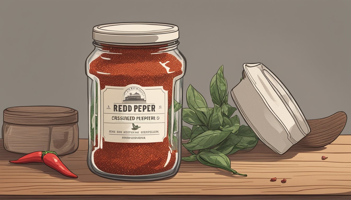 A jar of crushed red pepper sits on a dusty shelf, its label faded and peeling. The contents have turned a dull, brownish-red, and the lid is covered in a thin layer of dust