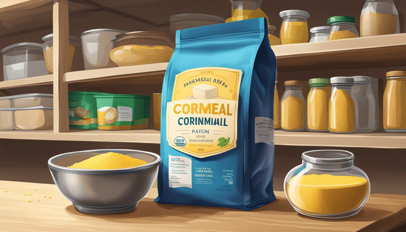 A bag of cornmeal sits on a pantry shelf, sealed and labeled with an expiration date. Nearby, a measuring cup and recipe book hint at its potential use