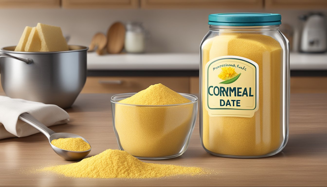 A jar of cornmeal with a "best by" date on the label, placed on a kitchen counter next to a measuring cup and a spoon