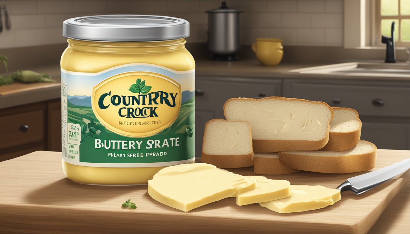 A tub of Country Crock Plant Butter Spread sitting on a kitchen counter, surrounded by fresh bread and a knife