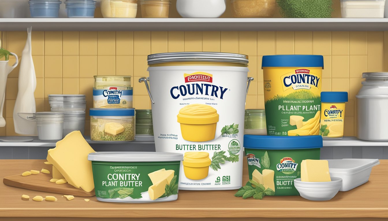 A tub of Country Crock Plant Butter sits on a kitchen shelf, surrounded by various food items. The packaging displays the expiration date prominently