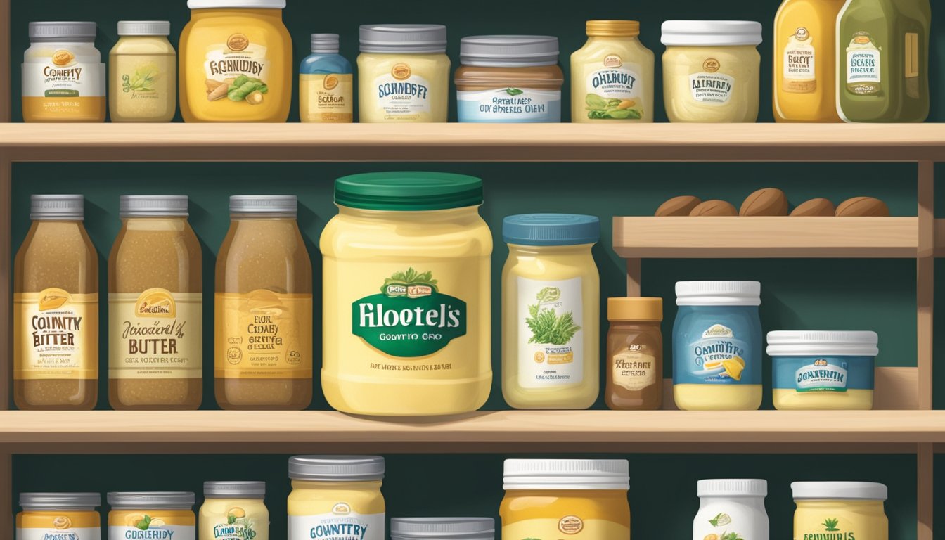 A jar of Country Crock Plant Butter Spread sits on a clean, organized shelf in a cool, dry pantry, surrounded by other neatly arranged food items