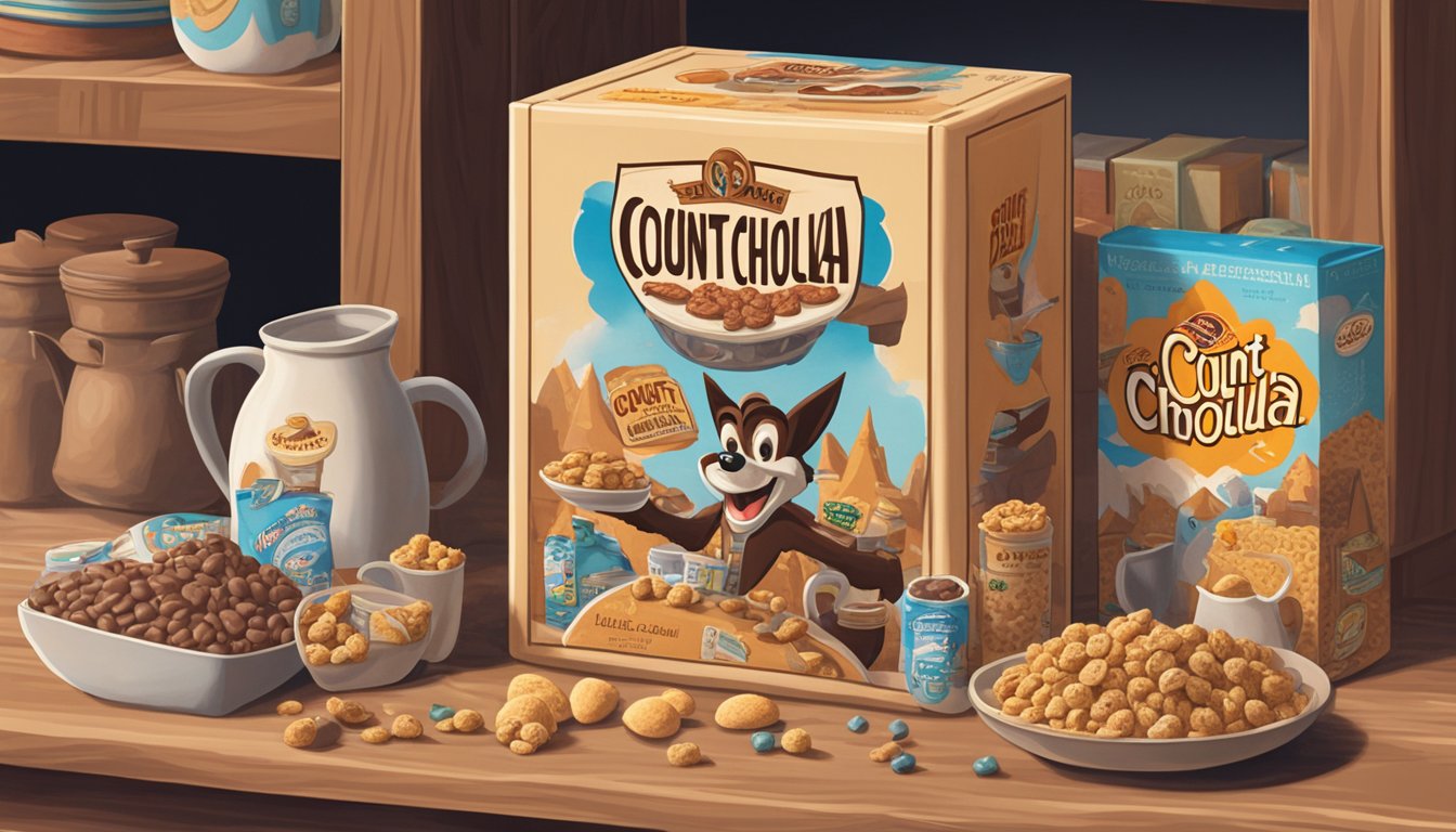 A vintage box of Count Chocula cereal sits on a dusty shelf, surrounded by other nostalgic breakfast items