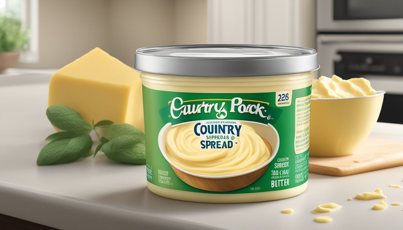 A tub of Country Crock Plant Butter Spread left open on a kitchen counter, with visible signs of mold and spoilage