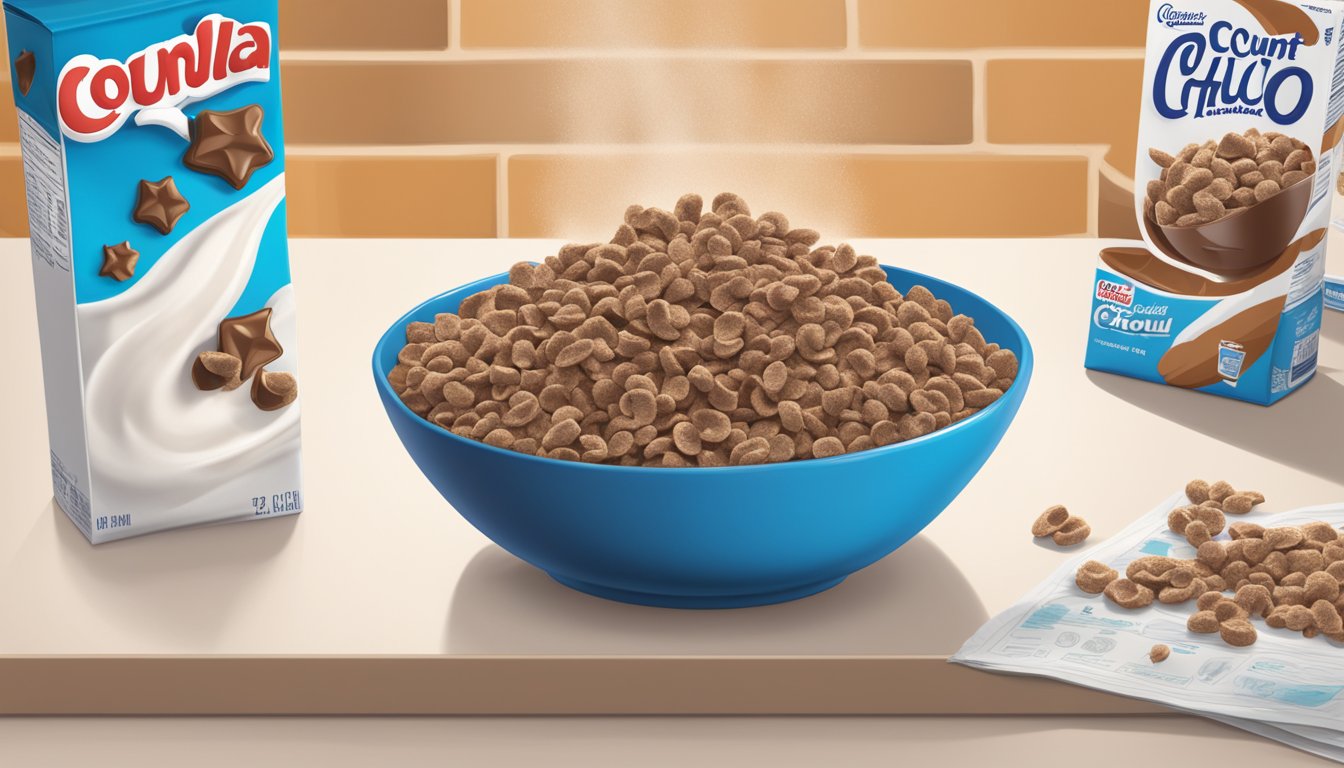 A bowl of Count Chocula cereal sits on a kitchen table next to a carton of milk. The cereal box is open, with a few flakes spilling out onto the table