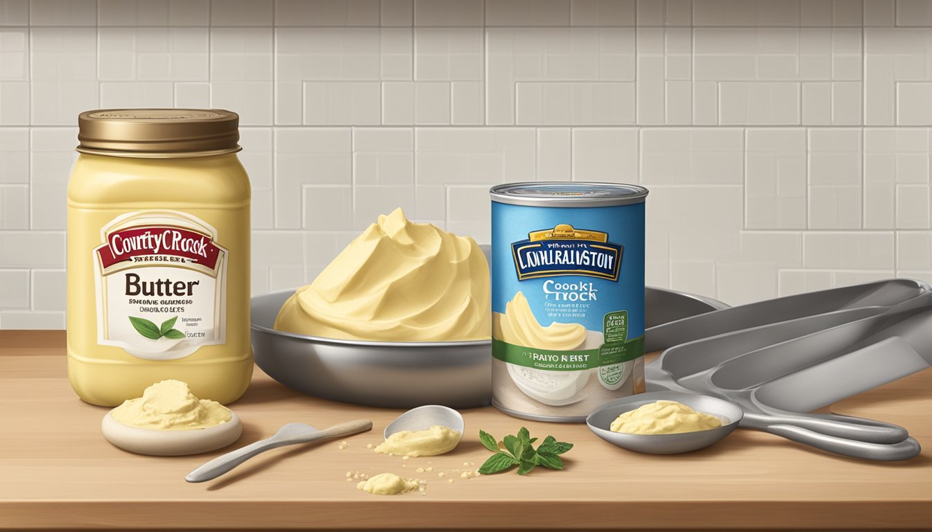 A tub of Country Crock Plant Butter sits on a kitchen counter, surrounded by baking ingredients and utensils. The lid is partially peeled back, revealing the creamy spread inside