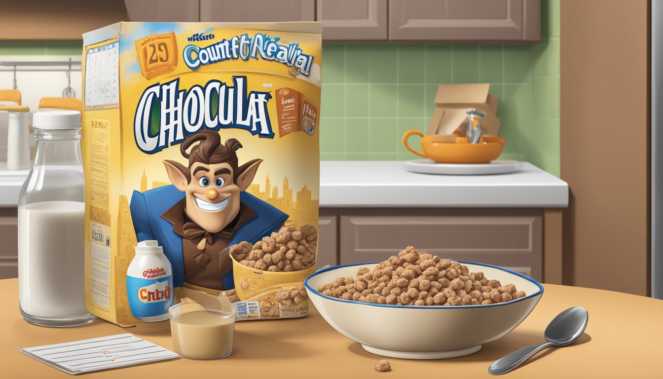 A bowl of Count Chocula cereal sits on a kitchen table, surrounded by a carton of milk and a calendar showing the current date