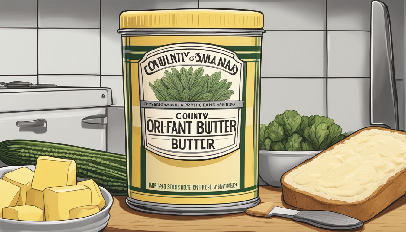 A tub of Country Crock Plant Butter sits on a kitchen counter, surrounded by fresh bread, vegetables, and a knife. The butter appears untouched and ready to be used