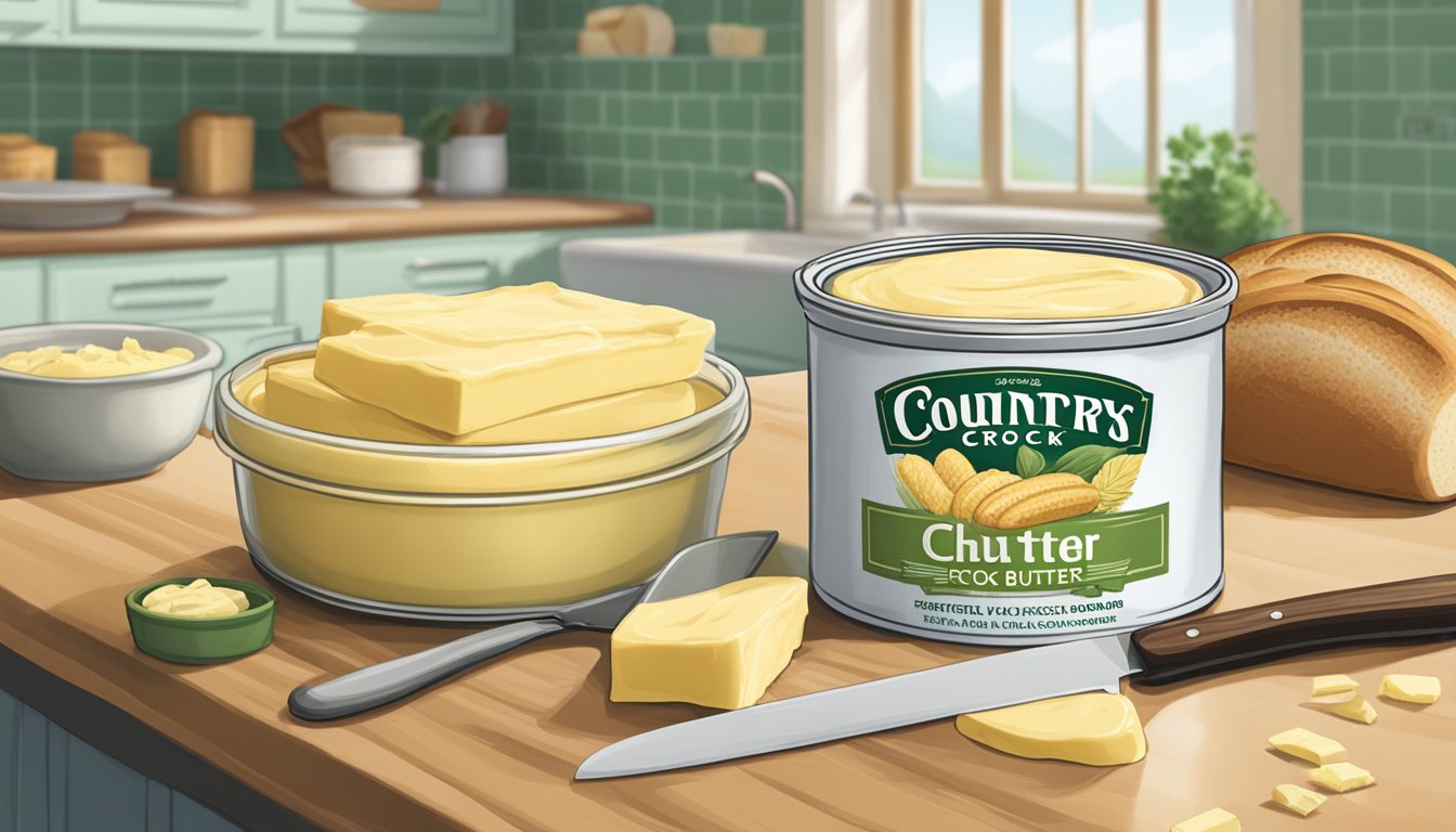 A tub of Country Crock Plant Butter sits on a kitchen counter, surrounded by freshly baked bread and a knife