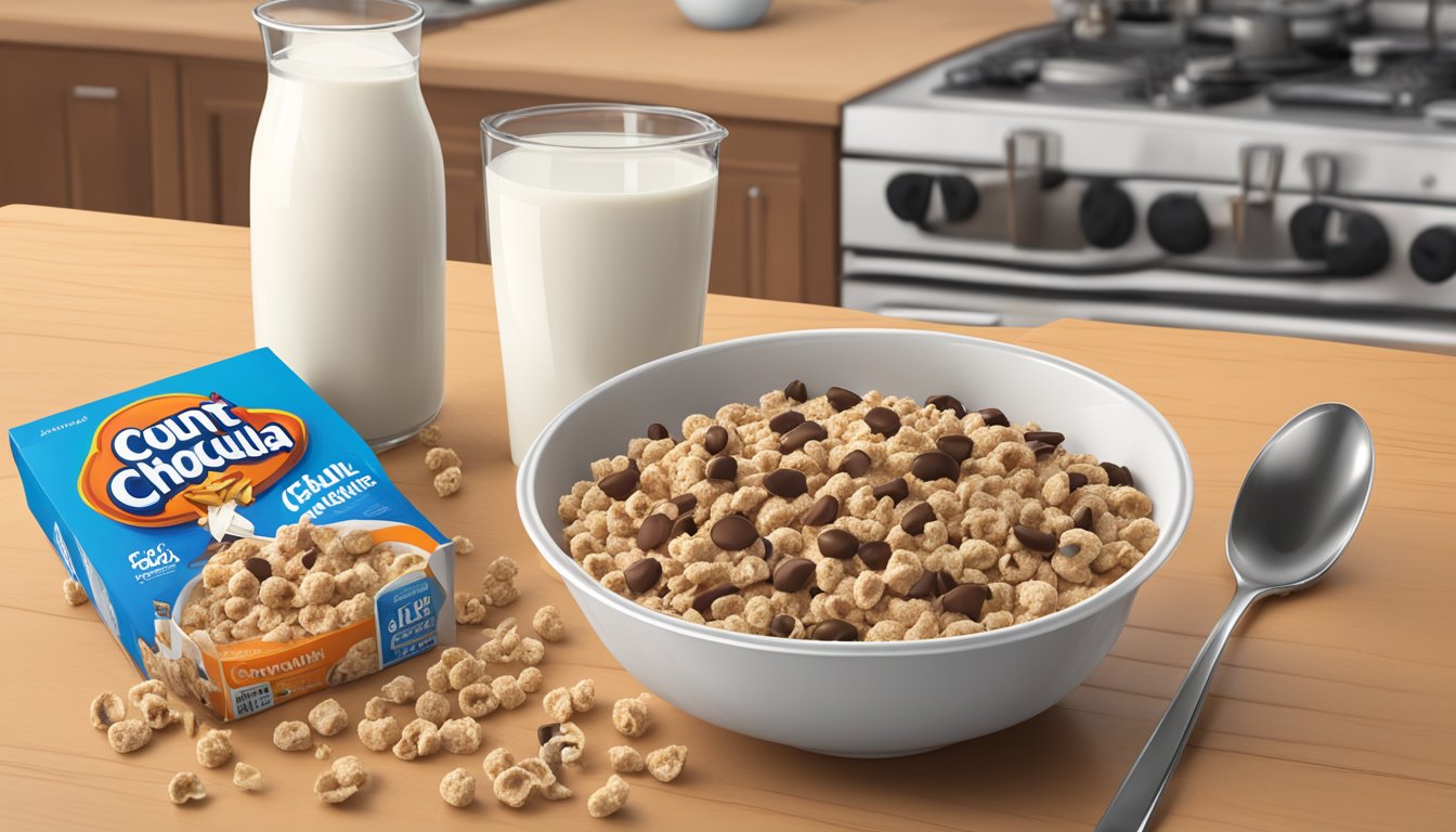 A bowl of Count Chocula cereal sits on a kitchen table, surrounded by milk and a spoon. The cereal box is open, with a few pieces spilling out onto the table