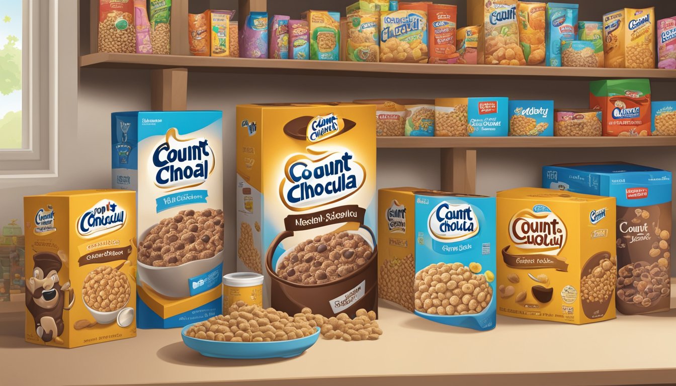 A box of Count Chocula cereal sits on a pantry shelf, surrounded by other cereal boxes and kitchen items