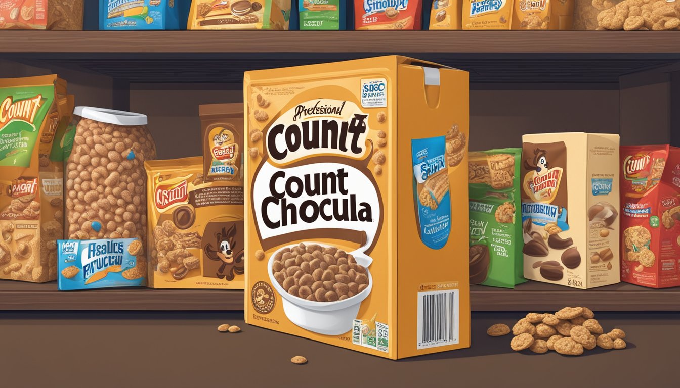 A box of Count Chocula cereal sits unopened on a pantry shelf, surrounded by other food items. The expiration date is clearly visible on the packaging