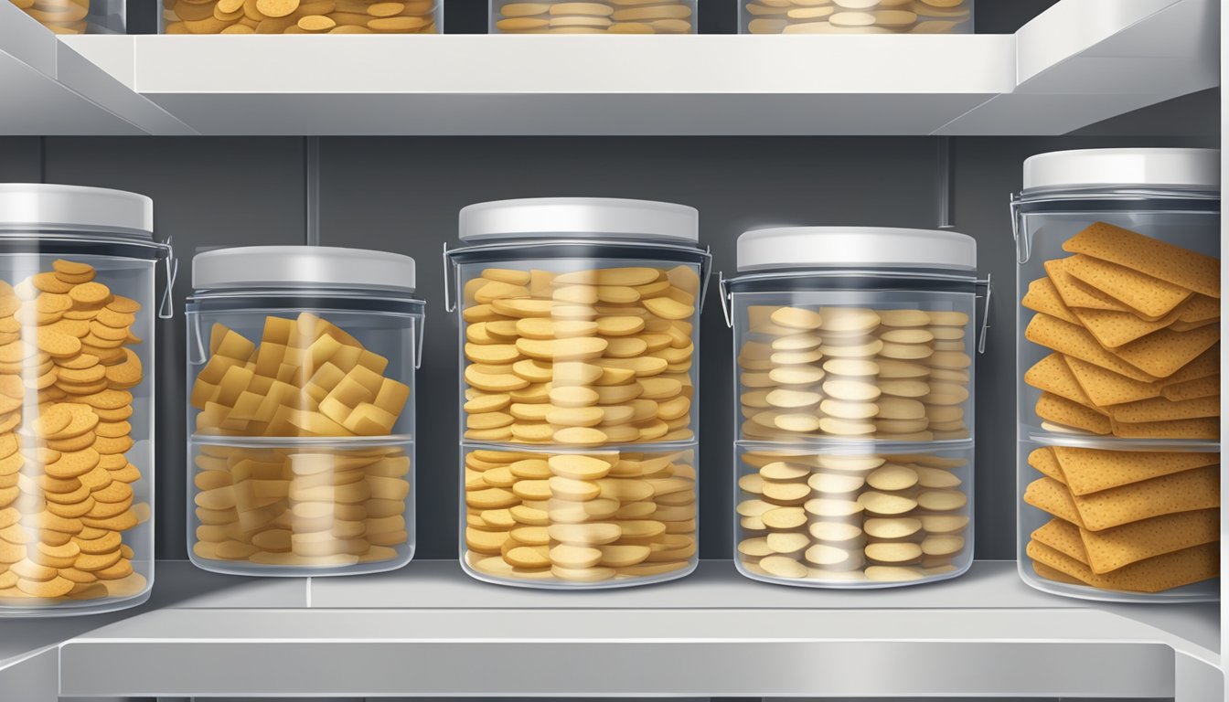 Airtight container with crackers, placed in a cool, dry pantry