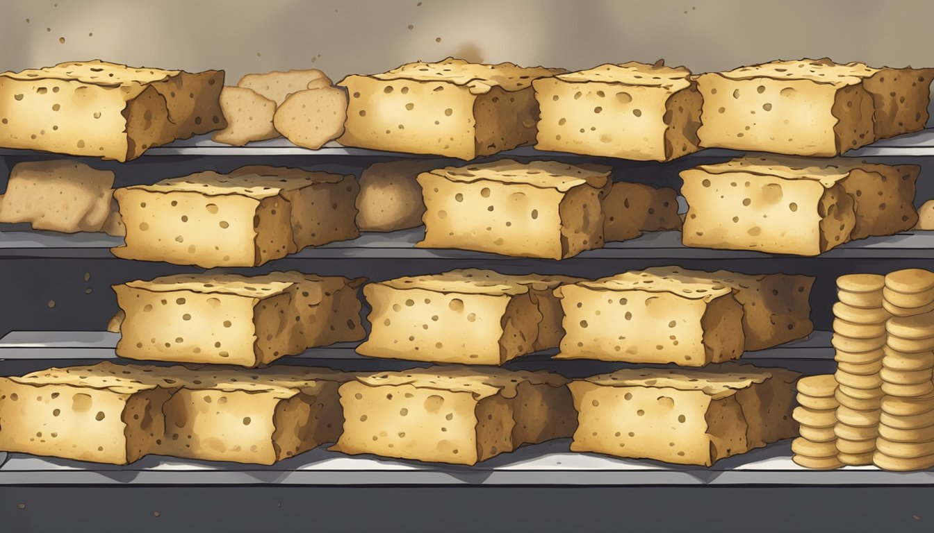 A stack of crackers sits on a shelf, some with visible signs of mold and discoloration, while others appear dry and intact