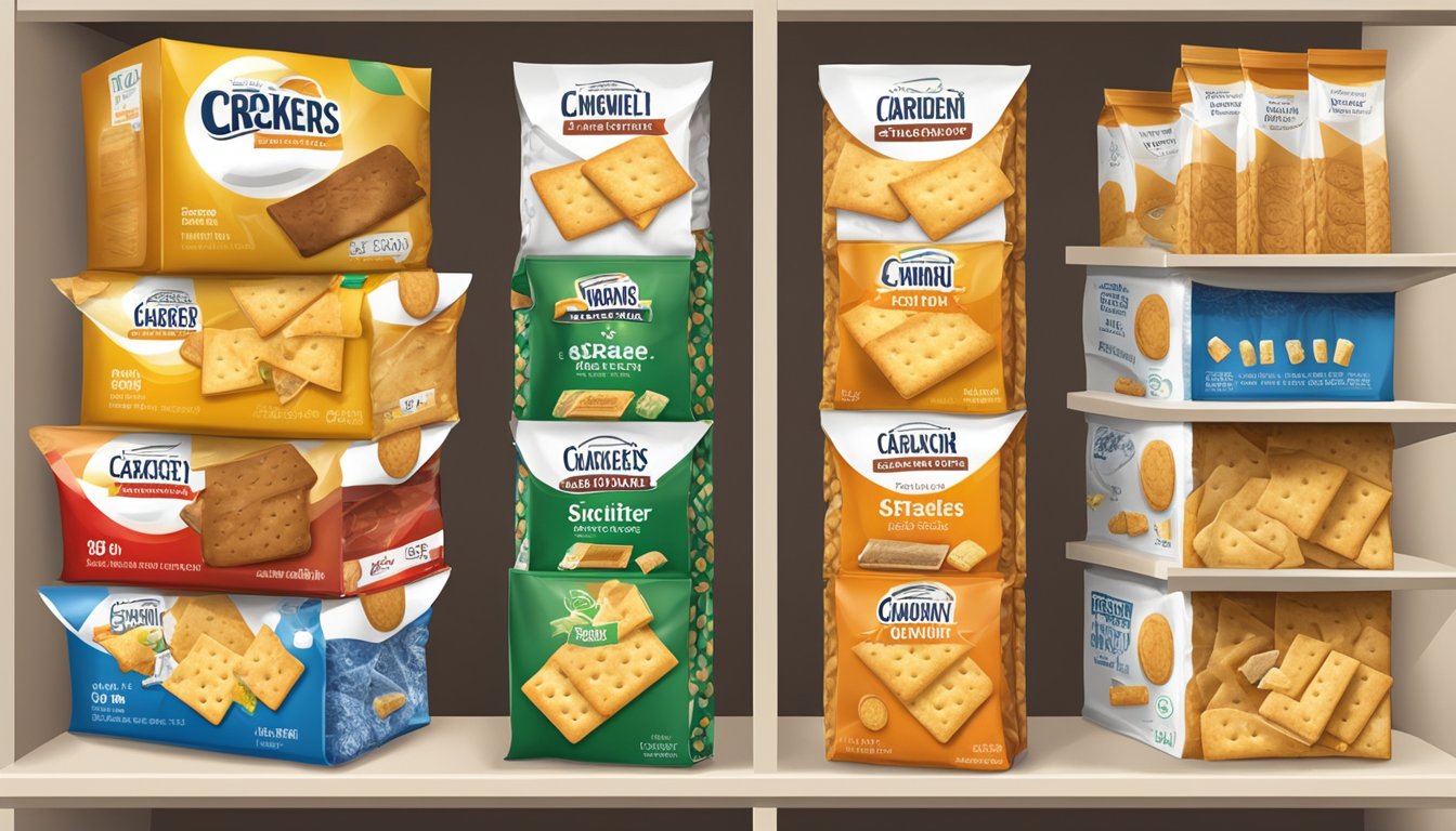 A variety of crackers in different packaging, some opened and others sealed, arranged on a shelf with expiration dates visible