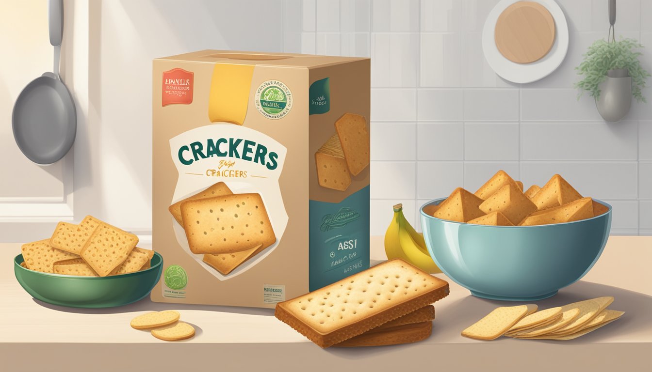 A sealed package of crackers sits on a kitchen counter beside a bowl of fresh fruits and a loaf of bread