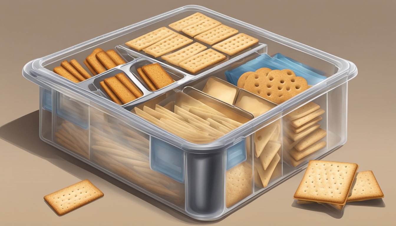 A modern, airtight cracker storage container with a variety of crackers inside, including saltines, whole wheat, and multigrain