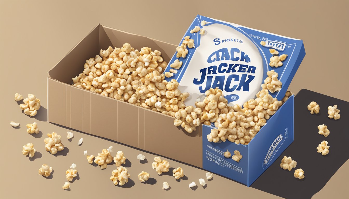 A box of Cracker Jack sits unopened on a kitchen counter, surrounded by scattered peanuts and popcorn