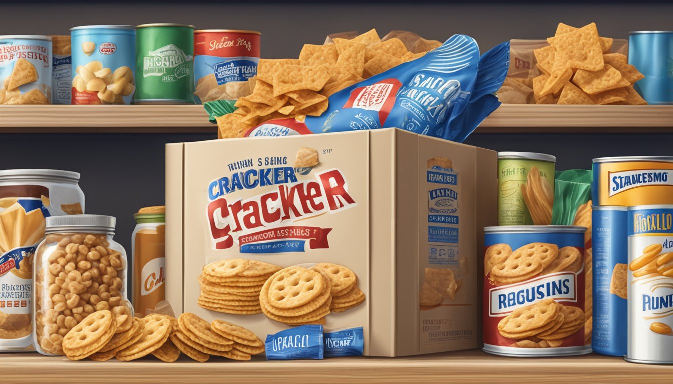 A box of Cracker Jack sits unopened on a pantry shelf, surrounded by other snacks and canned goods