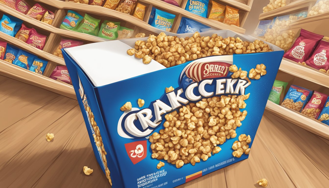 A box of Cracker Jack sits on a shelf, surrounded by other snacks. The box is open, revealing the caramel-coated popcorn and peanuts inside