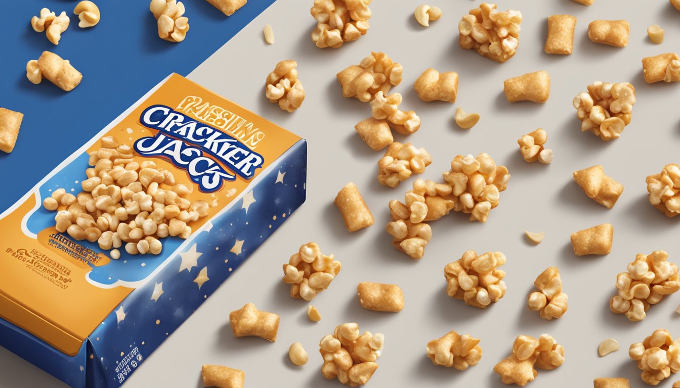 A box of Cracker Jack sits on a kitchen counter, surrounded by scattered popcorn and peanuts. The packaging is partially open, revealing the caramel-coated treats inside