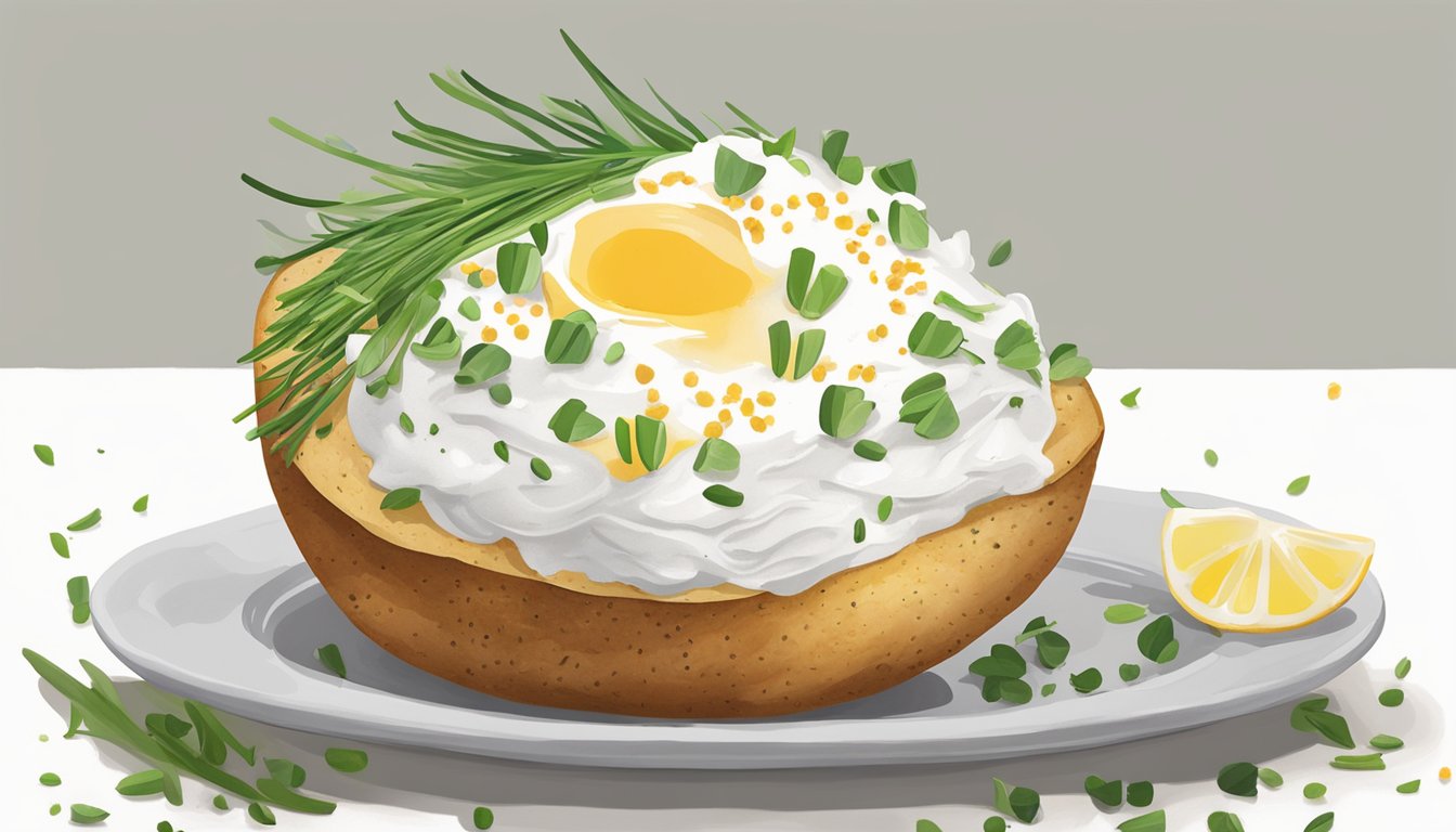 A dollop of Daisy Sour Cream sits atop a freshly baked potato, surrounded by a few scattered chives and a sprinkle of black pepper