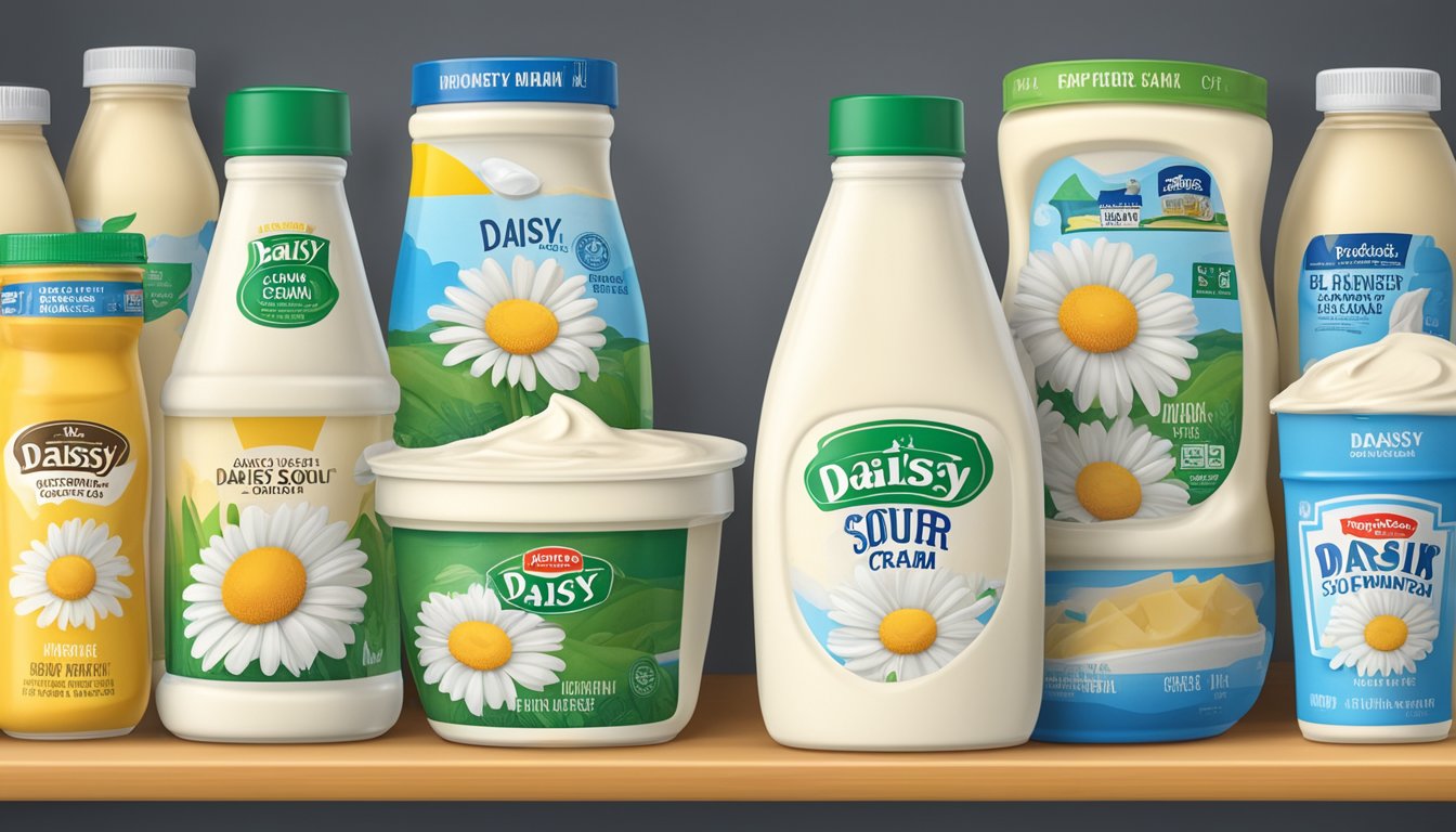 A sealed container of Daisy Sour Cream sits on a refrigerator shelf, surrounded by other dairy products. The expiration date is clearly visible on the label