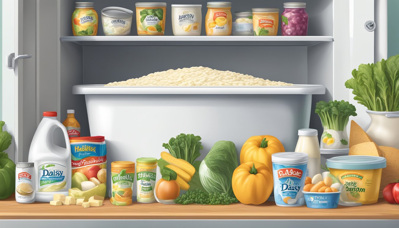 A tub of Daisy Sour Cream sitting in a refrigerator, surrounded by other dairy products and fresh produce