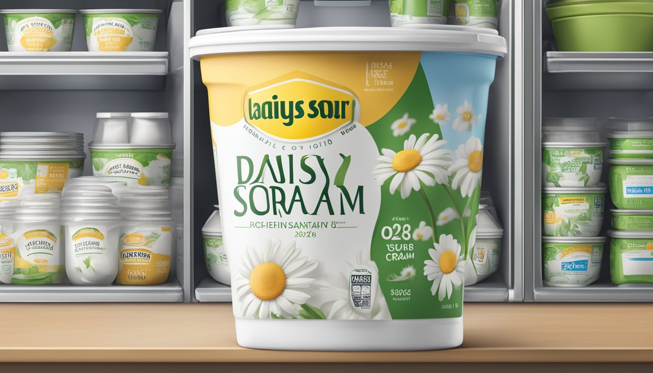 A sealed container of Daisy Sour Cream sits in a refrigerator, with an expiration date label clearly visible