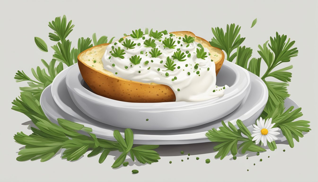 A dollop of Daisy Sour Cream sits atop a freshly baked potato, surrounded by a few scattered chives and a sprinkle of black pepper