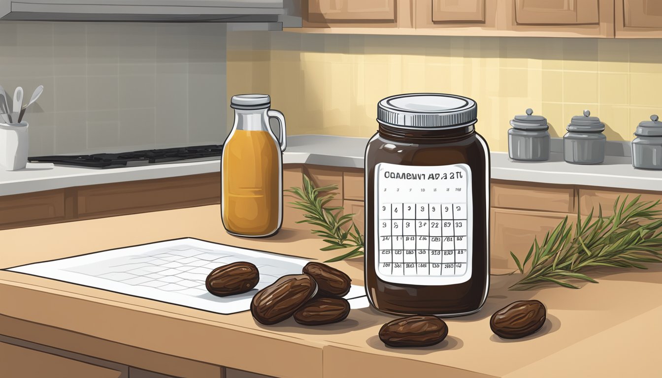 A jar of date syrup sits on a kitchen counter, surrounded by fresh dates and a calendar showing the current date