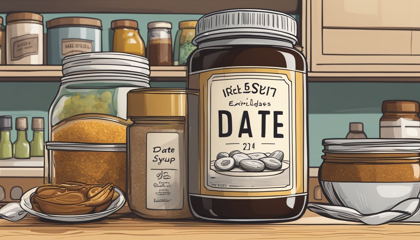 A jar of date syrup sits on a kitchen shelf, surrounded by other condiments. The label shows the expiration date