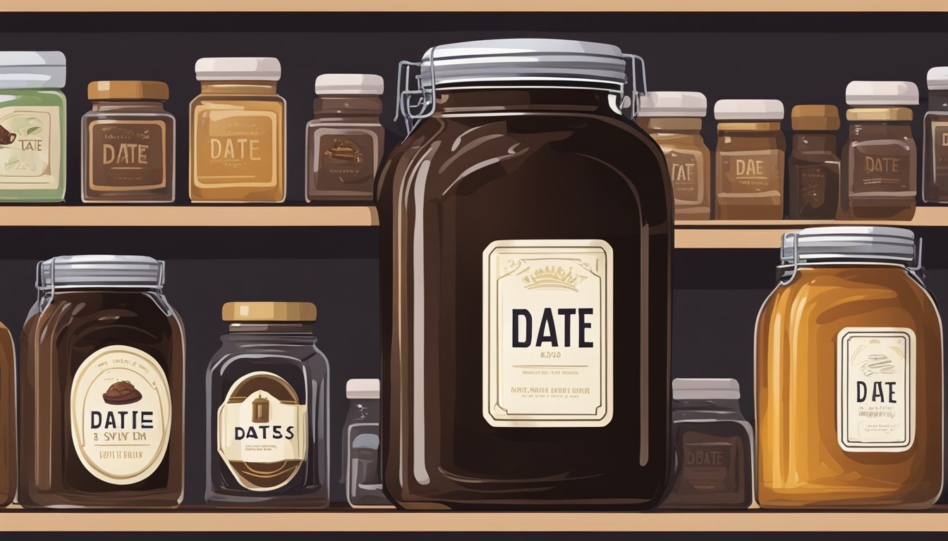 A glass jar of date syrup sits on a shelf, tightly sealed with a lid. The pantry is cool and dark, with shelves lined with other preserved foods