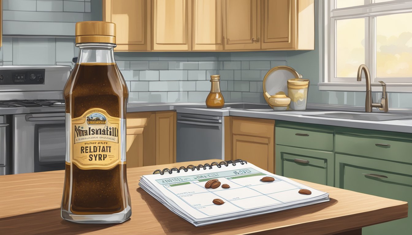 A bottle of date syrup sits on a kitchen counter, alongside a calendar showing the current date and a moldy, expired bottle of syrup